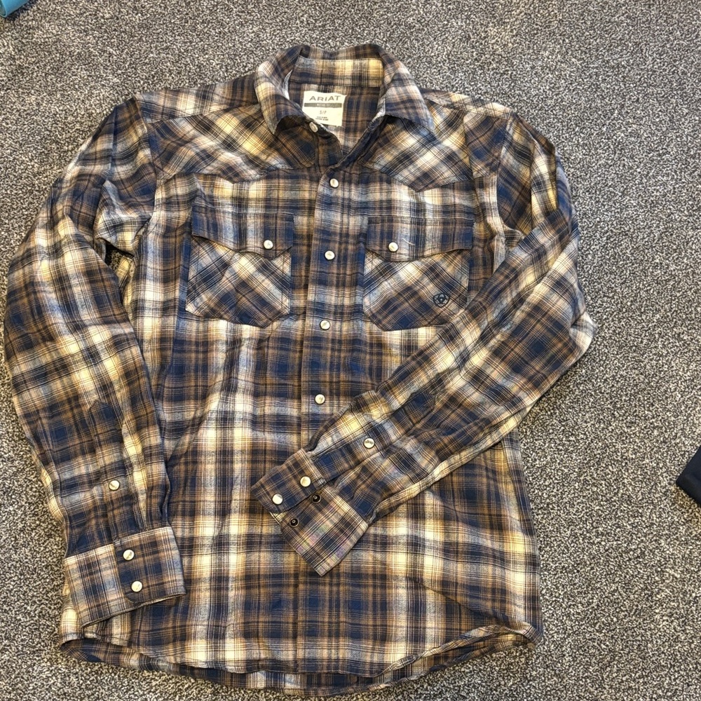 Ariat Men’s Navy and Brown Plaid Western Button-Down Shirt